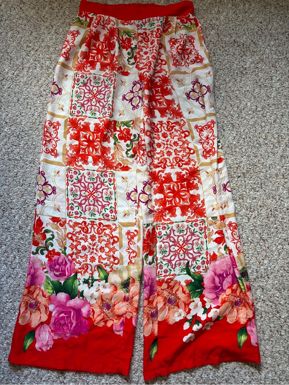 Lulumari printed wide leg pant elastic women medium red white floral resort wear